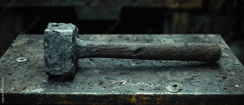 Weathered sledgehammer rests on anvil, dark workshop. Weathered sledgehammer rests on anvil, dark workshop.
