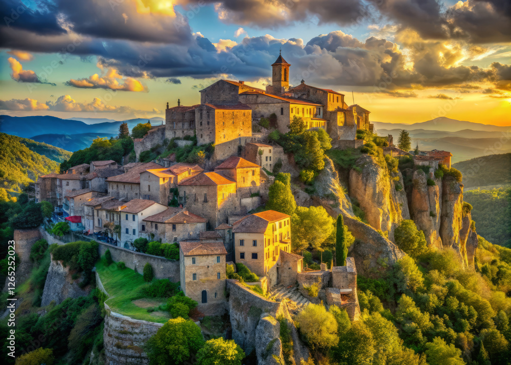 Majestic medieval town on rocky outcrop with lush green forests at sunset Majestic medieval town on rocky outcrop with lush green forests at sunset