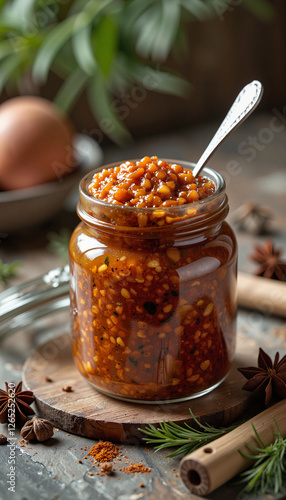 Hearty homemade lyutenitsa in vintage jar, rustic culinary delight photo