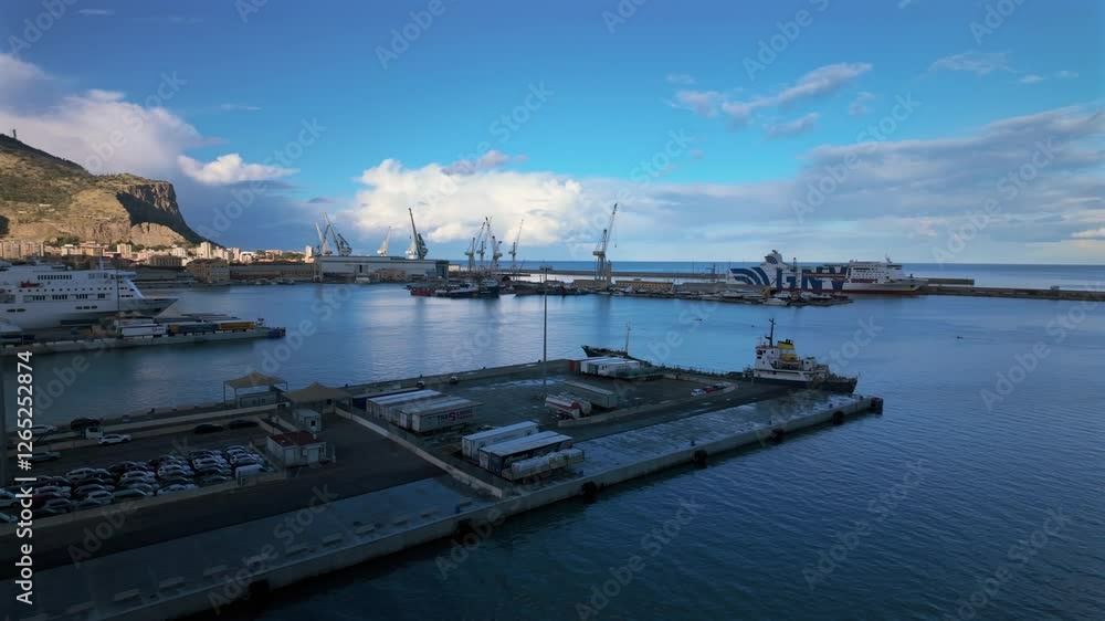 Aerial view of Palermo’s harbor, showcasing cargo ships, ferries, industrial cranes, and a stunning mountain landscape under a bright blue sky. A key maritime hub in Sicily. Aerial view of Palermo’s harbor, showcasing cargo ships, ferries, industrial cranes, and a stunning mountain landscape under a bright blue sky. A key maritime hub in Sicily.