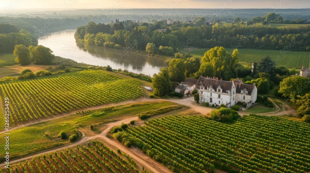 Fototapeta premium Sunrise Vineyard Chateau River Valley France