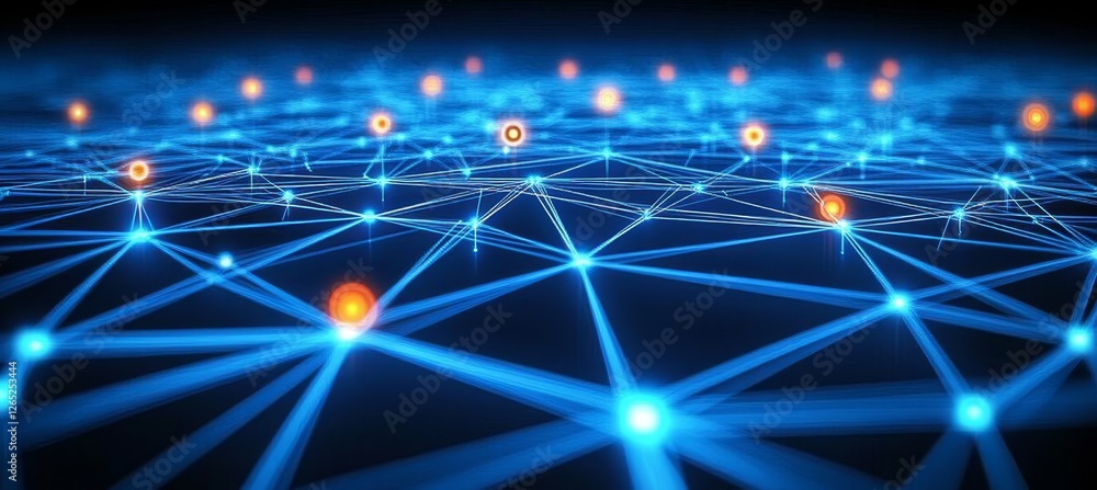 Abstract Network of Interconnected Nodes and Lines on a Dark Blue Background with Bokeh Effect Abstract Network of Interconnected Nodes and Lines on a Dark Blue Background with Bokeh Effect