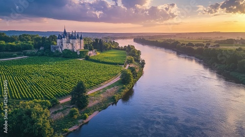 Loire Valley sunset castle vineyard aerial