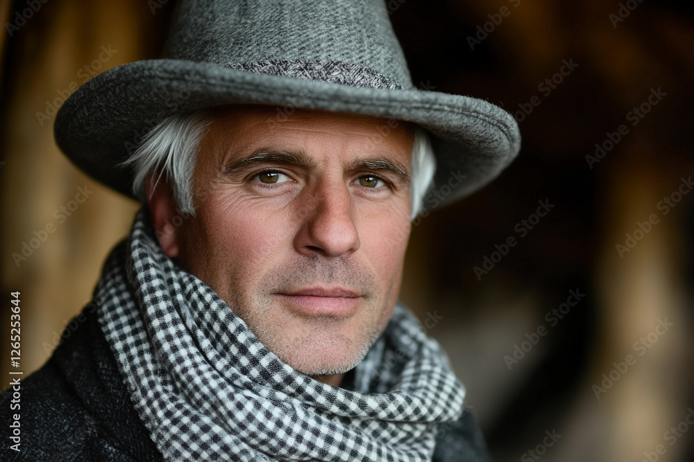 Mature man with grey hair and stylish hat outdoors Mature man with grey hair and stylish hat outdoors