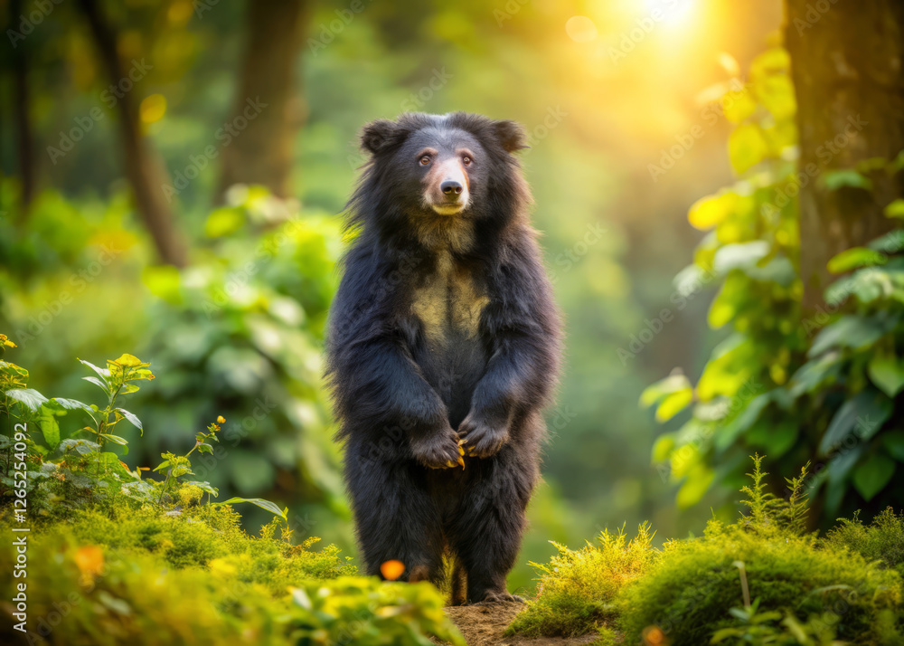 Majestic sloth bear stands upright in lush green forest at sunset Majestic sloth bear stands upright in lush green forest at sunset