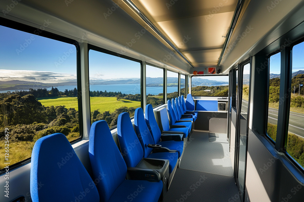 Scenic view from a modern bus interior on a sunny day Scenic view from a modern bus interior on a sunny day