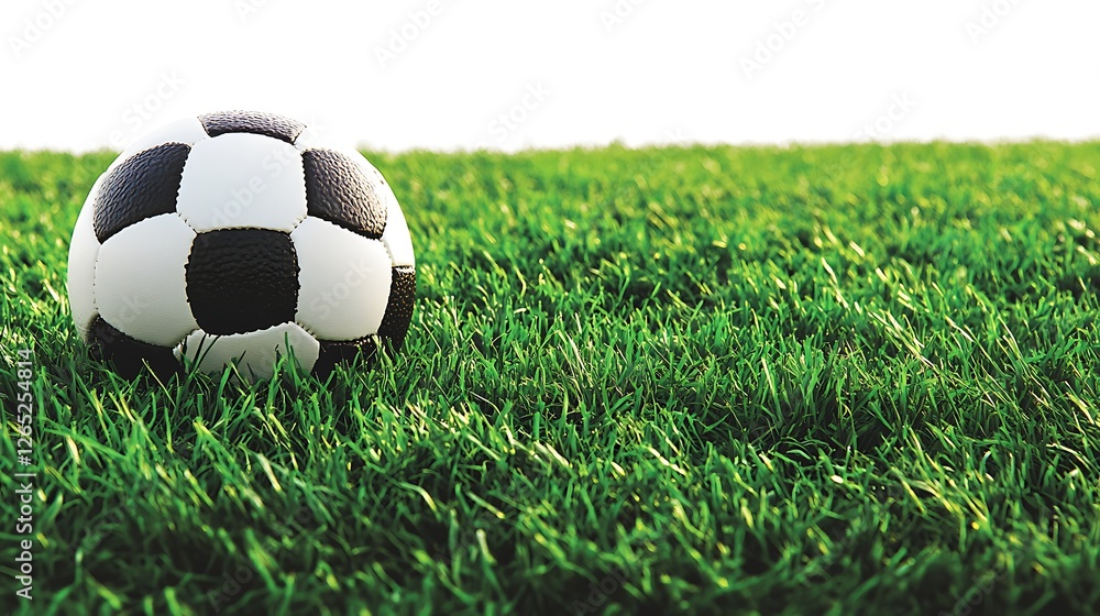 classic black and white soccer ball resting on lush green grass against a clean white background perfect for sports themed designs classic black and white soccer ball resting on lush green grass against a clean white background perfect for sports themed designs