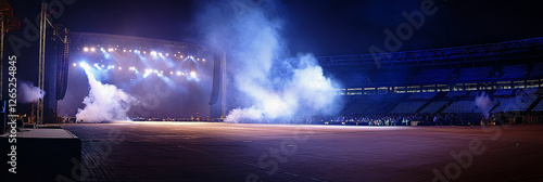 Concert stage setup at night with fog and lights photo