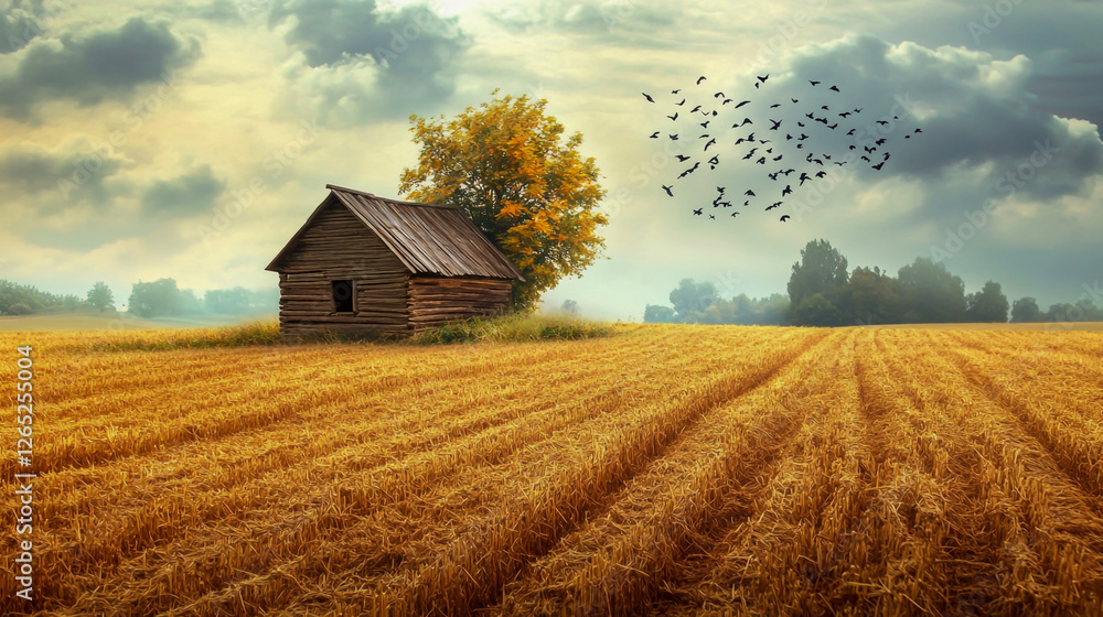 Birds wooden house in harvest field Birds wooden house in harvest field