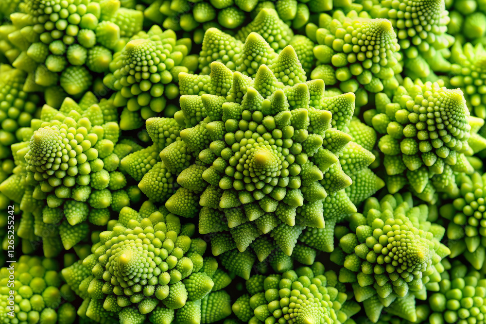 Fractal patterns on vibrant green romanesco florets create stunning visual Fractal patterns on vibrant green romanesco florets create stunning visual