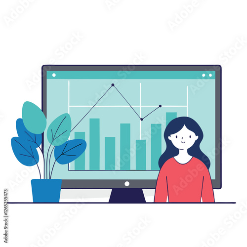 A digital illustration features a woman of African descent sitting in front of a computer with a graph. She has a confident demeanor with plants nearby.