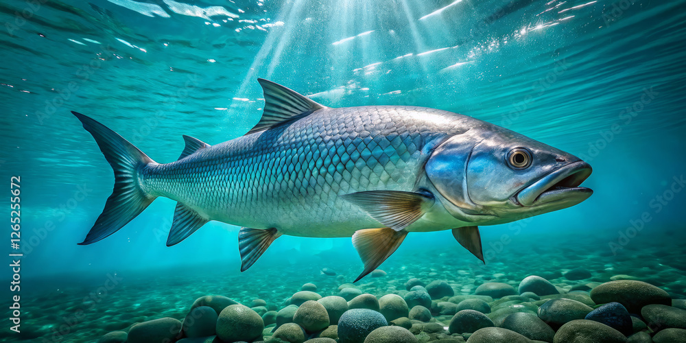 massive fish glides gracefully through clear water, showcasing its silvery scales massive fish glides gracefully through clear water, showcasing its silvery scales