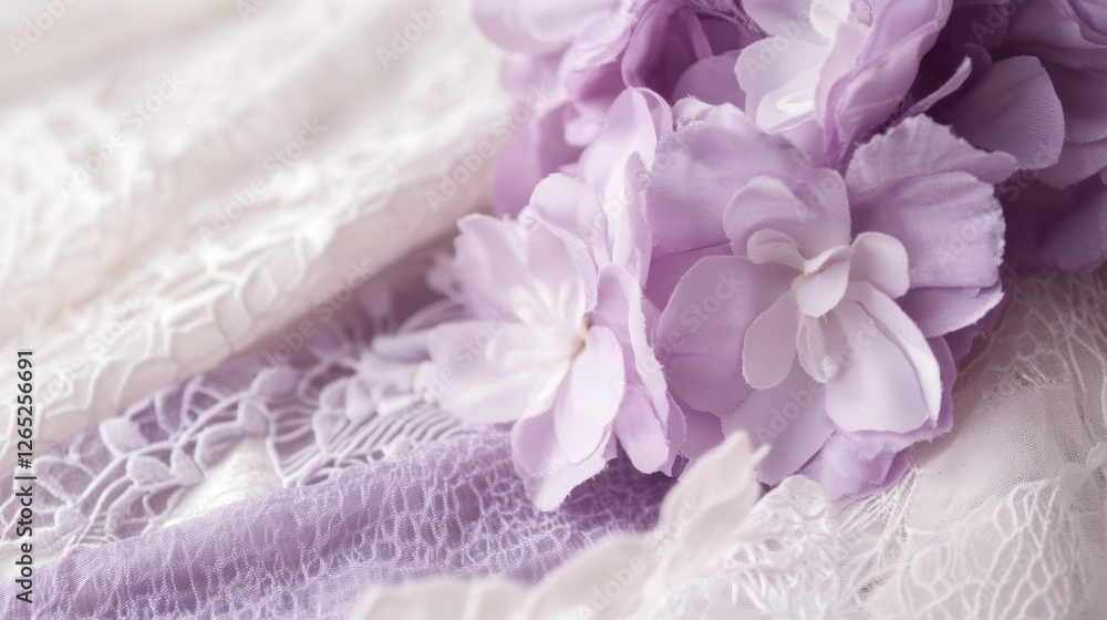 Obraz premium Delicate Lavender Flowers and Intricate Lace Fabric Texture for Soft Designs