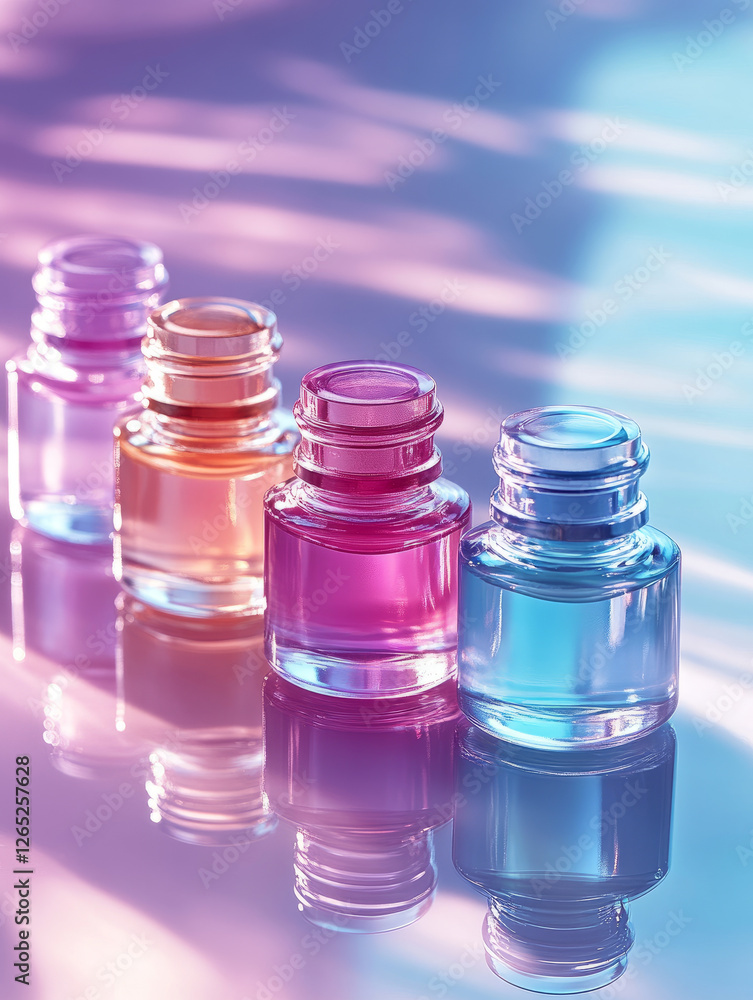 Colorful glass bottles with liquid and reflections. Colorful glass bottles with liquid and reflections.