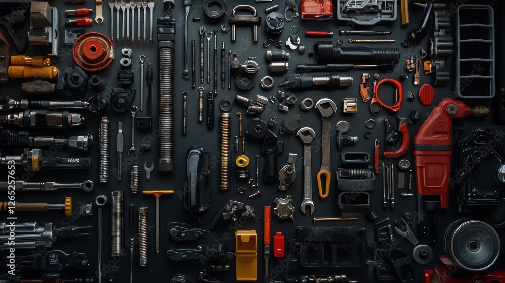 Fototapeta premium Tools, flatlay, workshop, background, industry