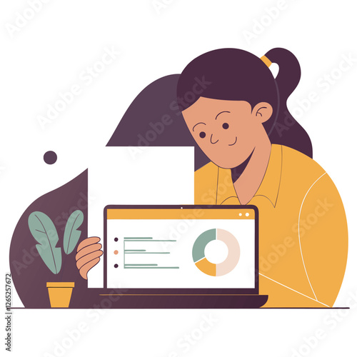 A woman of diverse ethnicity is working on a laptop in a cozy home office. There are plants and a cup, creating a warm atmosphere.