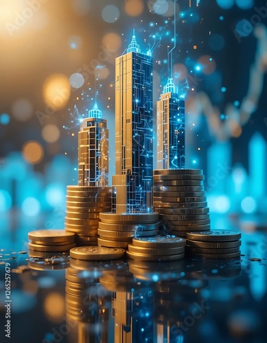 Stacks of gold coins form a city skyline with glowing digital elements against a dark background. Depicts finance, investment, and digital economy. Ideal for business, technology, or futuristic themes