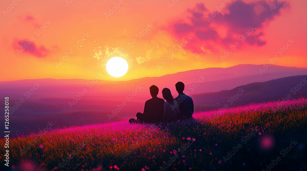 Three friends enjoying a breathtaking sunset on a grassy hill surrounded by nature. Generative AI Three friends enjoying a breathtaking sunset on a grassy hill surrounded by nature. Generative AI