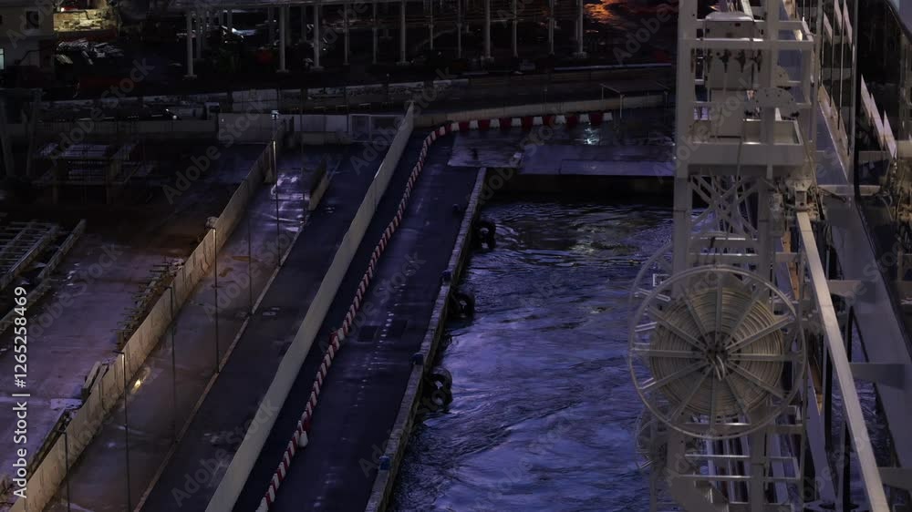 Detailed view of a cruise ship leaving Palermo harbor, showing maritime equipment, dock structures, and rippling water reflecting artificial lights. A glimpse into the ship departure process at night. Detailed view of a cruise ship leaving Palermo harbor, showing maritime equipment, dock structures, and rippling water reflecting artificial lights. A glimpse into the ship departure process at night.
