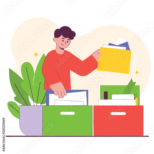An illustration featuring a person with curly hair, wearing a green sweater, sorting files into colorful boxes surrounded by plants. The style is flat and cartoonish.