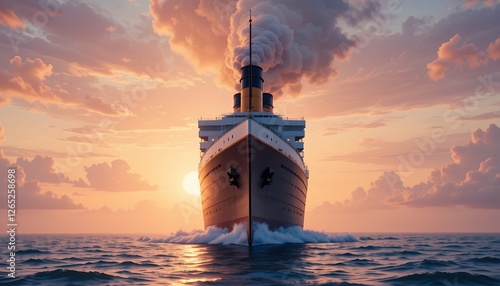 Majestic Cruise Liner Sailing into a Beautiful Sunset on the Open Ocean Voyage photo