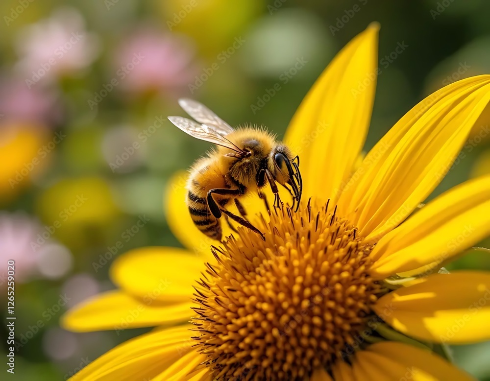 A close-up of a bee collecting pollen from a vibrant yellow sunflower against a blurred natural background. Captures the beauty and activity of spring. Ideal for nature, floral, or seasonal themes. A close-up of a bee collecting pollen from a vibrant yellow sunflower against a blurred natural background. Captures the beauty and activity of spring. Ideal for nature, floral, or seasonal themes.