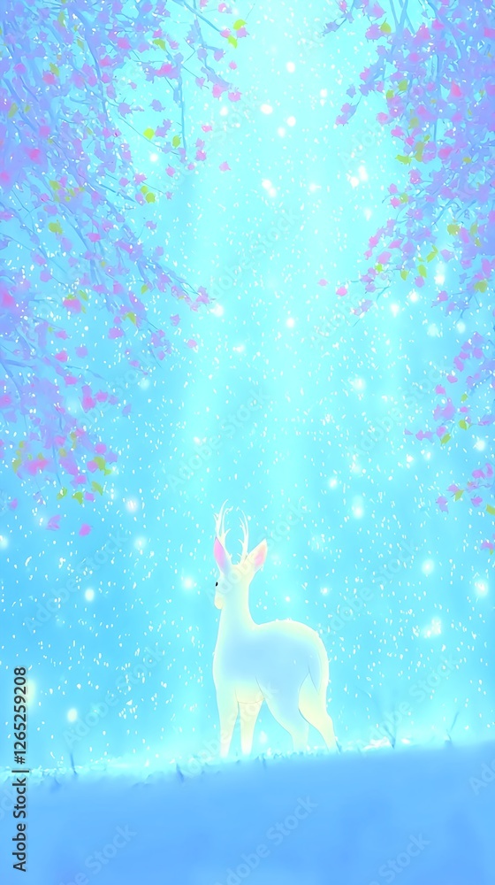 Obraz premium A pure white male deer adorned with pastel spots that radiate nobility