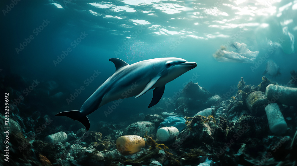 Fototapeta premium Dolphins swimming gracefully through ocean debris highlighting environmental challenges in marine habitats. Generative AI