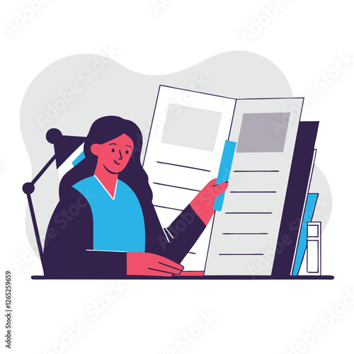 A cheerful woman of Asian descent reviews a menu in a restaurant, seated at a table with elegant decor and a work desk setup.