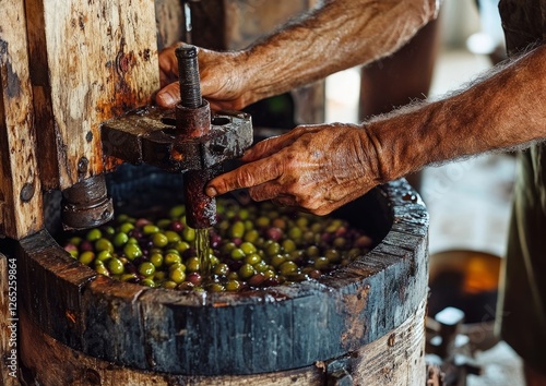 hand pressing olives to make oil with a traditional wooden press