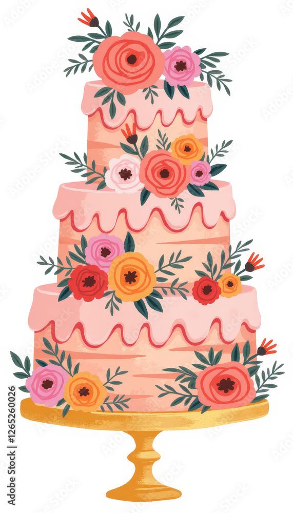 Whimsical buttercream ruffle cake adorned with vibrant flowers, celebration Whimsical buttercream ruffle cake adorned with vibrant flowers, celebration