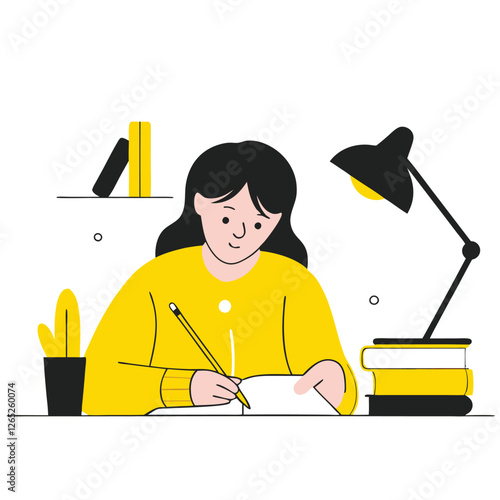 A woman of European descent is focused on drawing at her desk, surrounded by art supplies and a lamp. The scene is in a flat, cartoon style with blue tones.