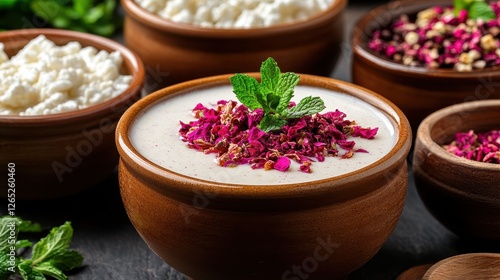 Refreshing Persian Doogh Drink with Dried Mint and Yogurt Topping photo