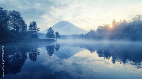 Serene Sunrise at Mountain Lake with Misty Reflection