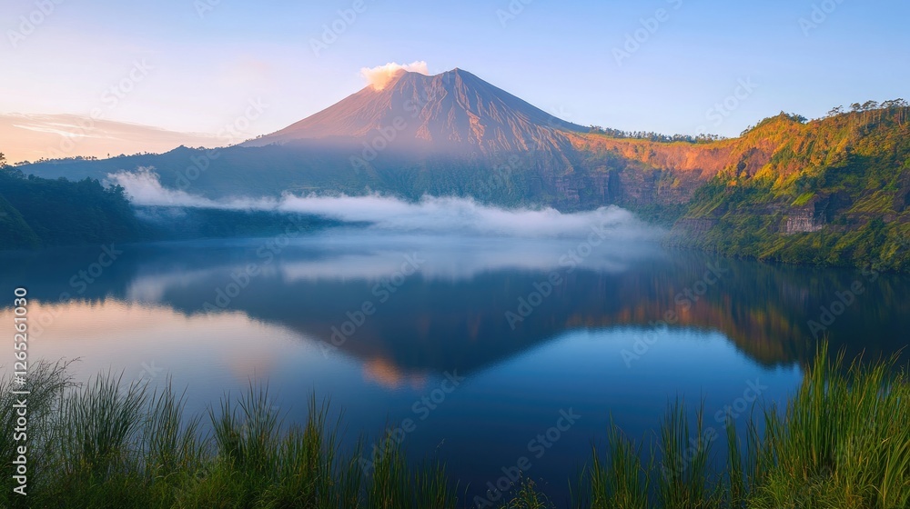Serene Sunrise at Volcanic Lake: Breathtaking Reflection of Majestic Mountain Serene Sunrise at Volcanic Lake: Breathtaking Reflection of Majestic Mountain