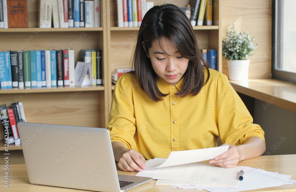 A woman reviewing documents with a focused expression A woman reviewing documents with a focused expression