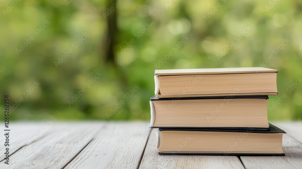A stack of three books sits on a wooden table, surrounded by a blurred green background, suggesting a peaceful reading environment. A stack of three books sits on a wooden table, surrounded by a blurred green background, suggesting a peaceful reading environment.