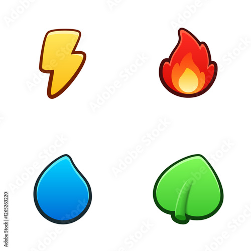 Elements icon set. Isolated vector illustration of mobile game sprites. Design for stickers, logo, mobile app. Arcade or match 3 2d graphics game asset. Flat 3d item sprites sheet.