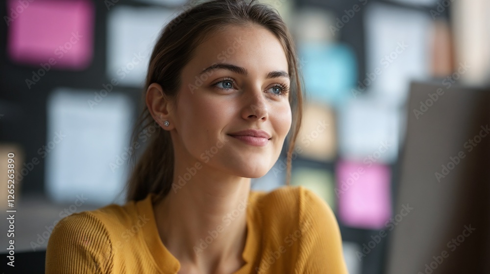 Young professional woman in yellow sweater at creative office. Suitable for startup culture, creative workplace, or modern career content. Young professional woman in yellow sweater at creative office. Suitable for startup culture, creative workplace, or modern career content.