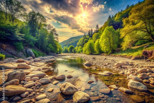 Vintage Springtime Beu River Bed: Lush Greenery & Tranquil Waters photo