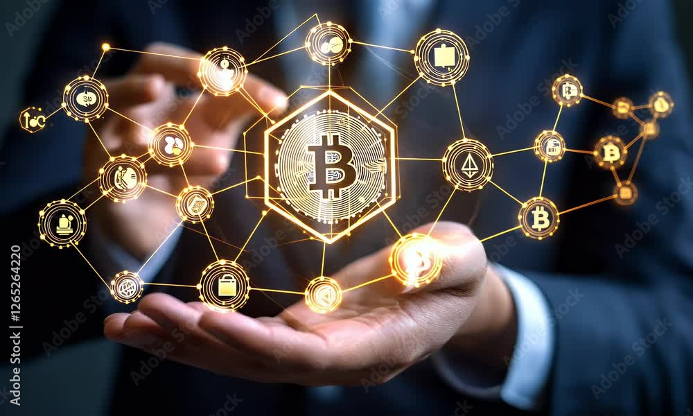 Businessman holding Bitcoin network; global finance