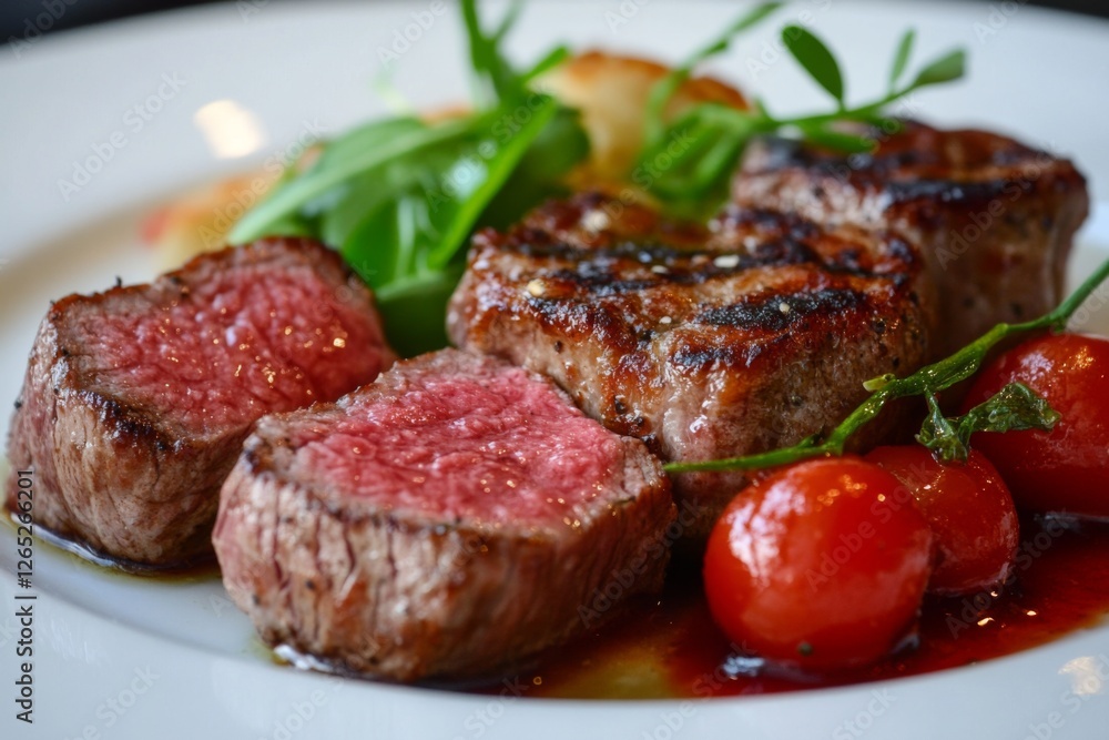 Grilled steak with fresh vegetables and sauce on a plate Grilled steak with fresh vegetables and sauce on a plate