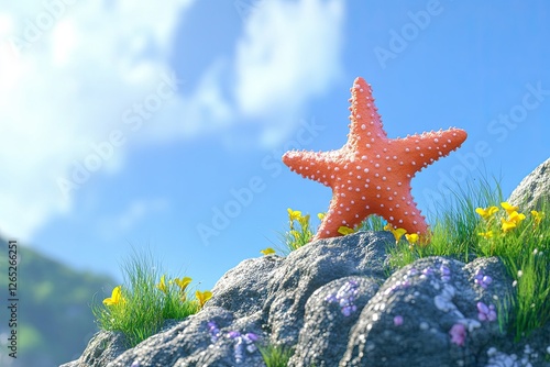 The seashore features a big, strikingly orange starfish, perfect for a summer scene photo