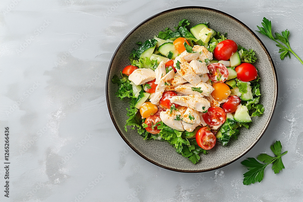 Chicken and vegetable salad expression on plate, in kitchen, food photography Chicken and vegetable salad expression on plate, in kitchen, food photography