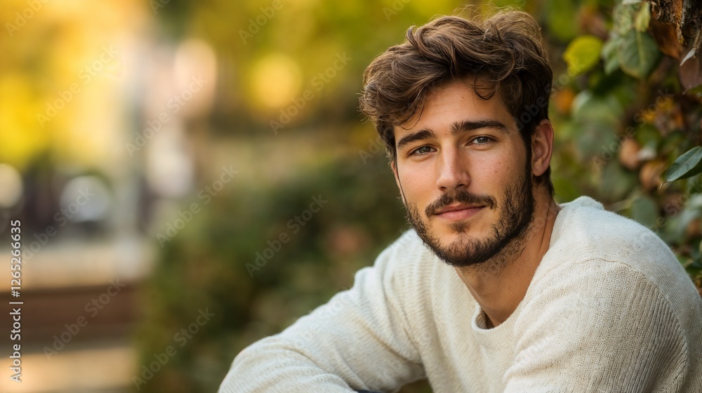 Mediterranean man in casual sweater against natural backdrop. Ideal for contemporary fashion, casual lifestyle, and authentic portraiture Mediterranean man in casual sweater against natural backdrop. Ideal for contemporary fashion, casual lifestyle, and authentic portraiture