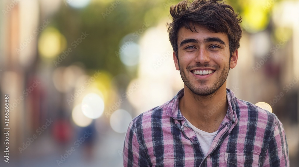 Young Mediterranean student with genuine smile in urban setting. Perfect for education lifestyle, campus culture, and authentic youth representation Young Mediterranean student with genuine smile in urban setting. Perfect for education lifestyle, campus culture, and authentic youth representation