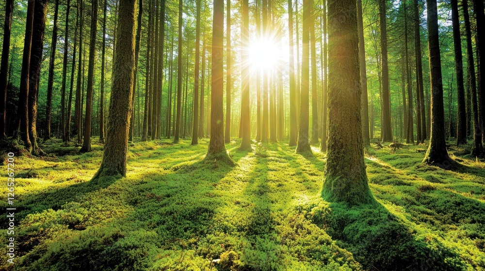 Obraz premium Sunlit Forest Path, Mossy Ground, Sunrise