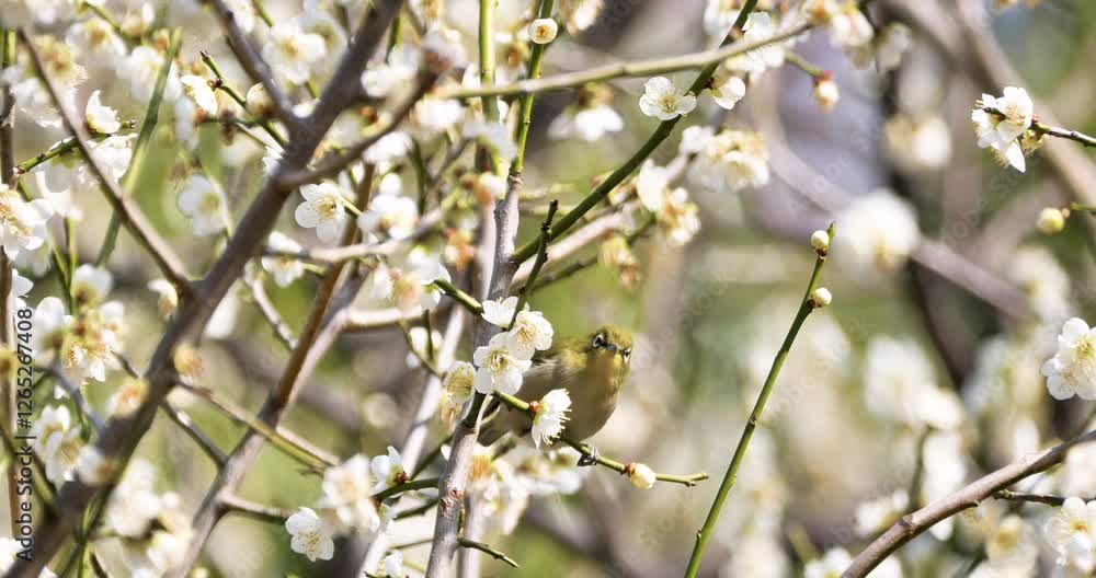 warbling white-eye or japanese white-eye drinking sweet nectar from white apricot flowers in a garden warbling white-eye or japanese white-eye drinking sweet nectar from white apricot flowers in a garden