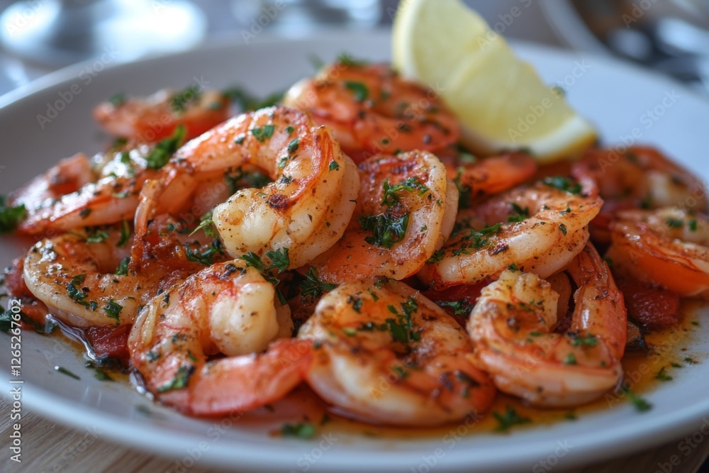 Plate of delicious shrimp dish served with lemon and fresh herbs Plate of delicious shrimp dish served with lemon and fresh herbs