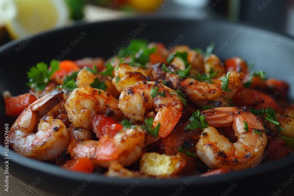 Pan of spicy grilled chicken with fresh herbs on a dark background Pan of spicy grilled chicken with fresh herbs on a dark background